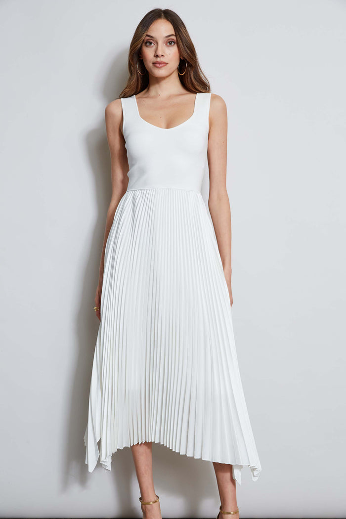 Elie Tahari Sleeveless Contour Pleated Midi Dress Sky White