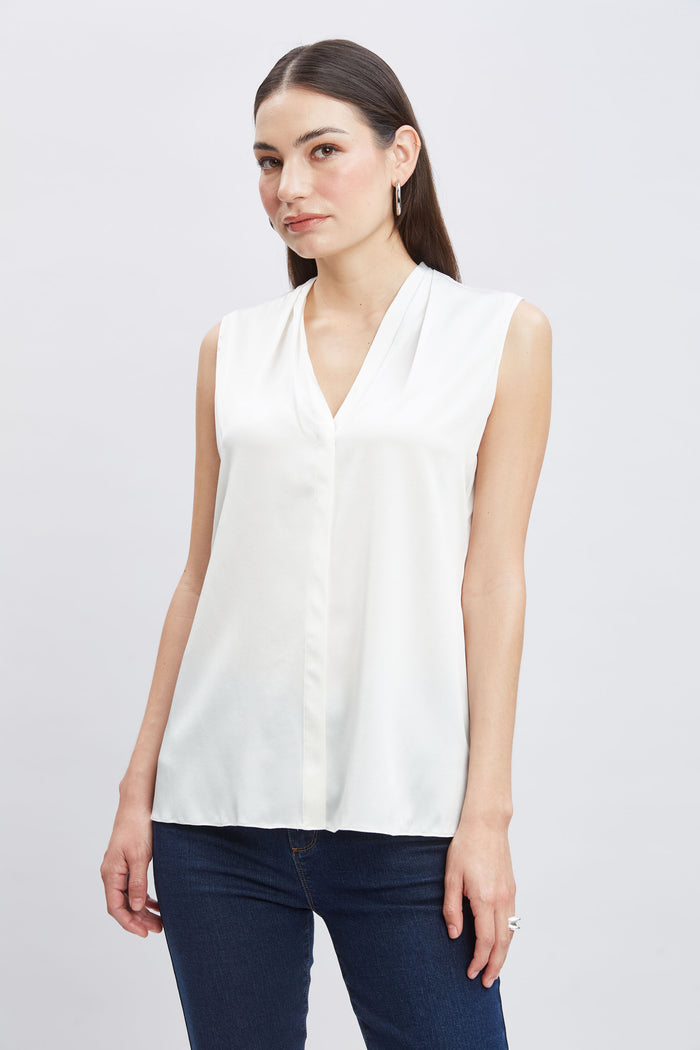 Elie Tahari Sleeveless Silk Button Down Shirt FRESH PEARL