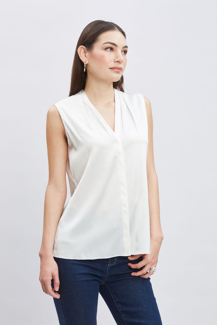 Elie Tahari Sleeveless Silk Button Down Shirt FRESH PEARL