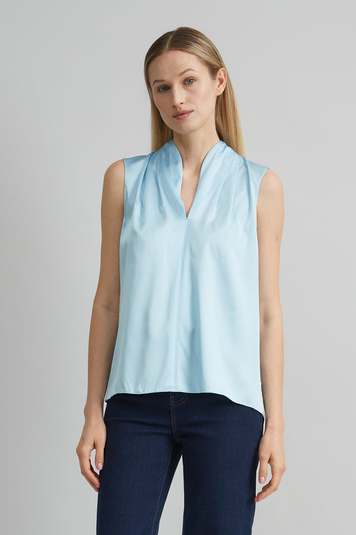 Elie Tahari Sleeveless Silk Satin Contour Shirt CRYSTAL BLUE