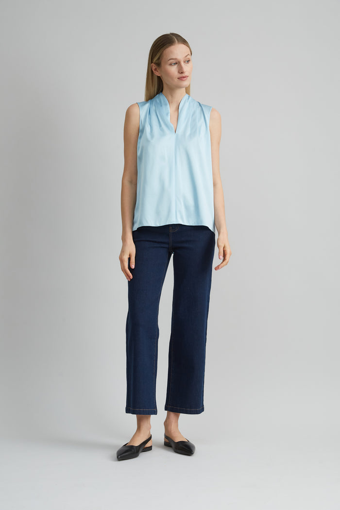 Elie Tahari Sleeveless Silk Satin Contour Shirt CRYSTAL BLUE