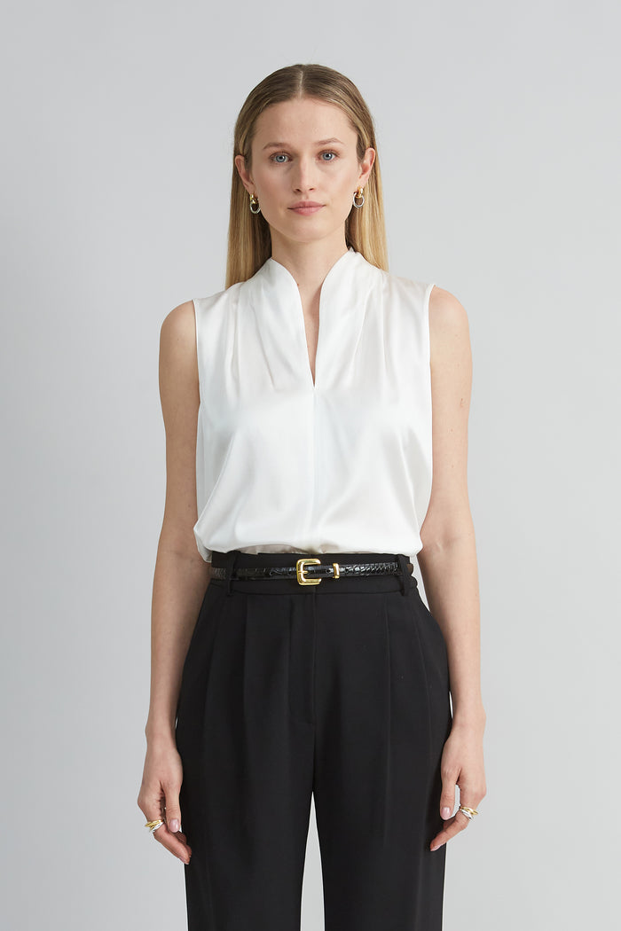 Elie Tahari Sleeveless Silk Satin Contour Shirt FRESH PEARL