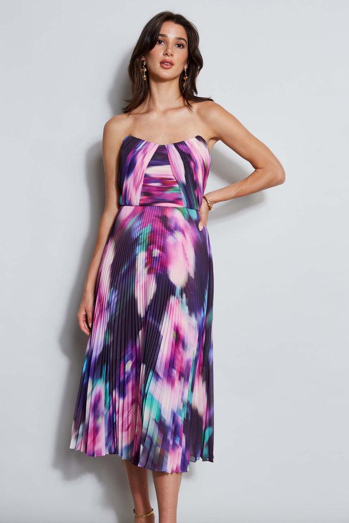 Elie Tahari Strapless Pleated Print Midi Dress MULTI