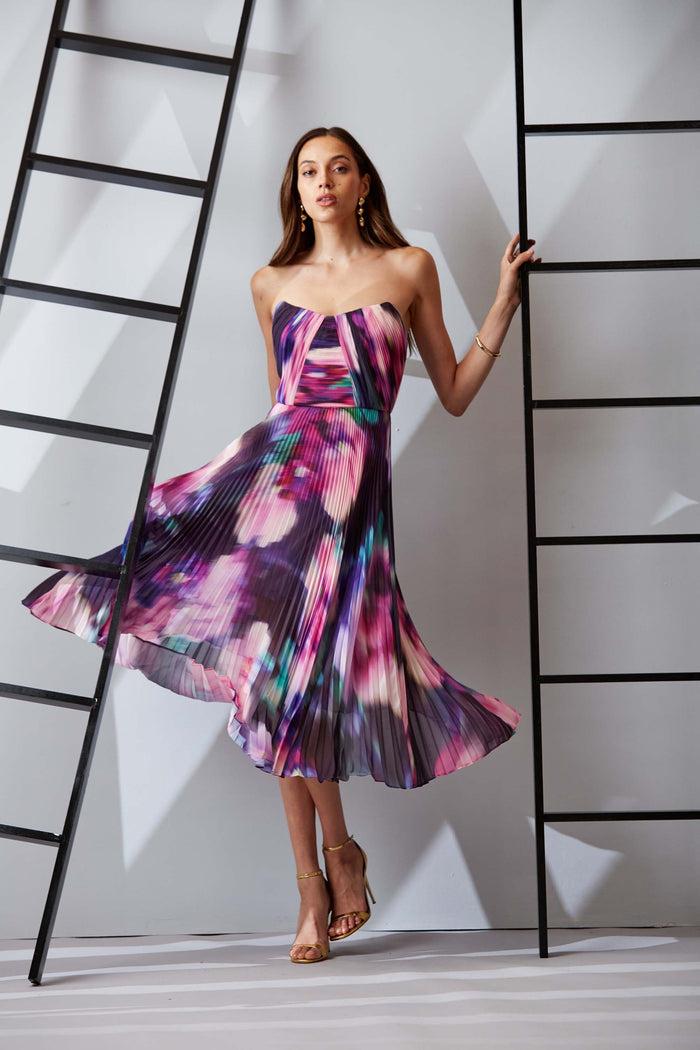 Elie Tahari Strapless Pleated Print Midi Dress MULTI