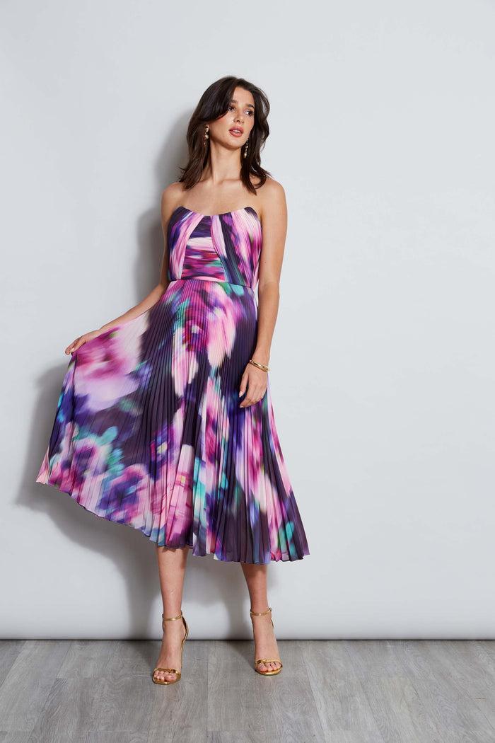Elie Tahari Strapless Pleated Print Midi Dress MULTI