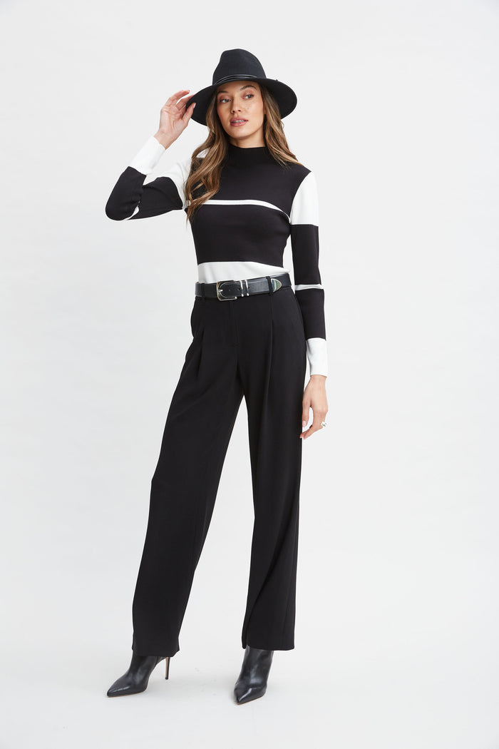 Elie Tahari Stripe Mock Neck Sweater Noir/Sky White