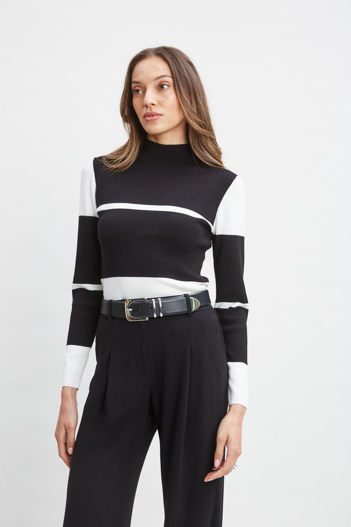 Elie Tahari Stripe Mock Neck Sweater Noir/Sky White