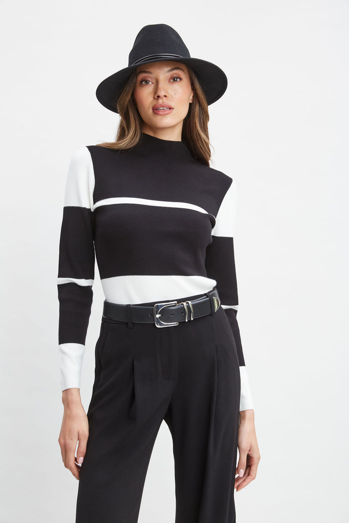 Elie Tahari Stripe Mock Neck Sweater Noir/Sky White