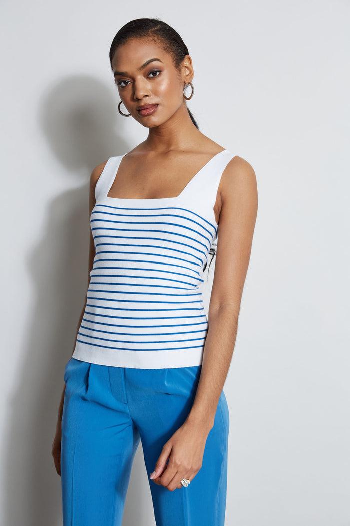 Elie Tahari Stripe Square Neck Sweater SKY WHITE/BLUE ARCH