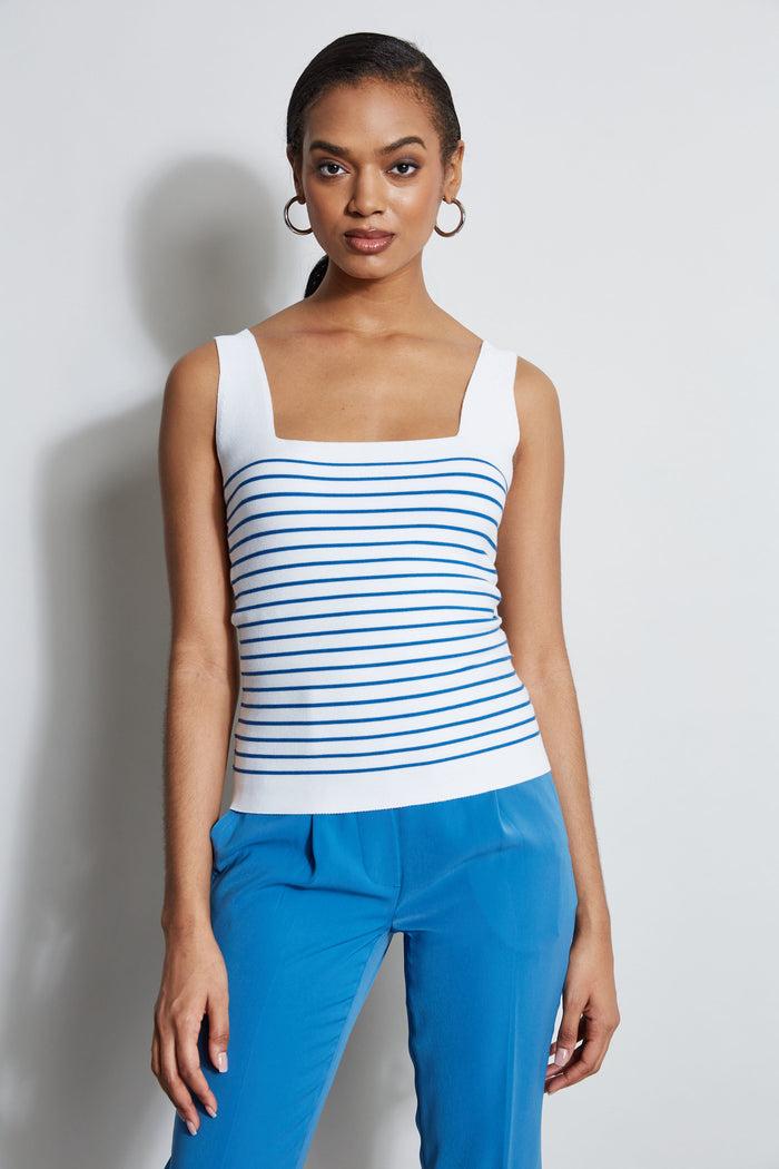 Elie Tahari Stripe Square Neck Sweater SKY WHITE/BLUE ARCH