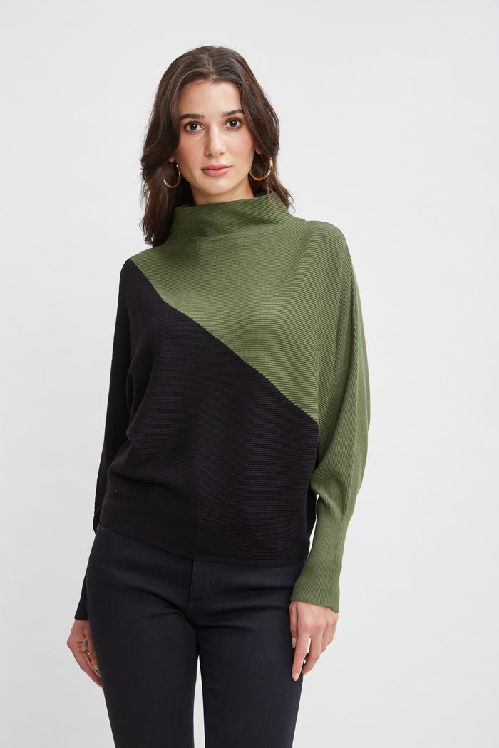 Elie Tahari T-Tahari Asymmetric Colorblock Sweater BLACK/AUTUMN GREEN