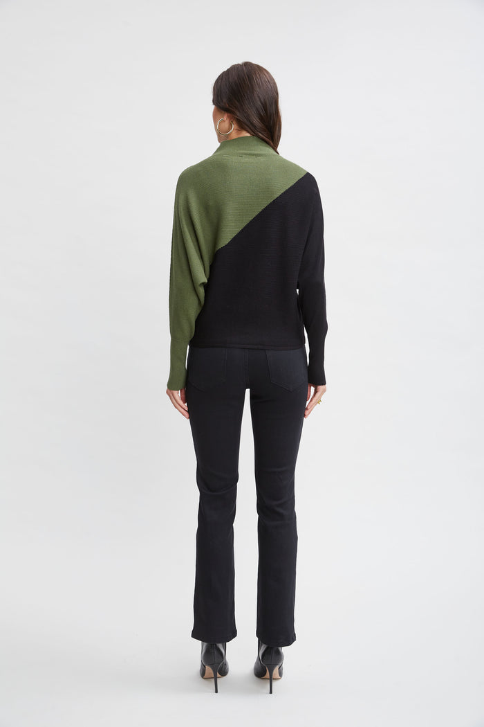 Elie Tahari T-Tahari Asymmetric Colorblock Sweater BLACK/AUTUMN GREEN
