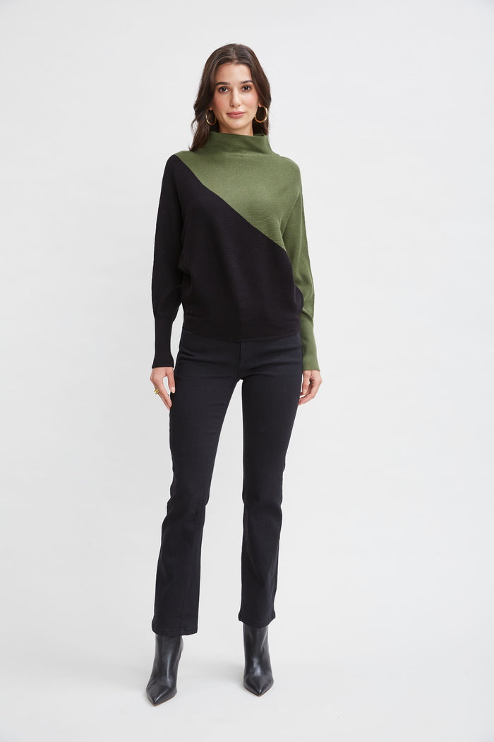 Elie Tahari T-Tahari Asymmetric Colorblock Sweater BLACK/AUTUMN GREEN