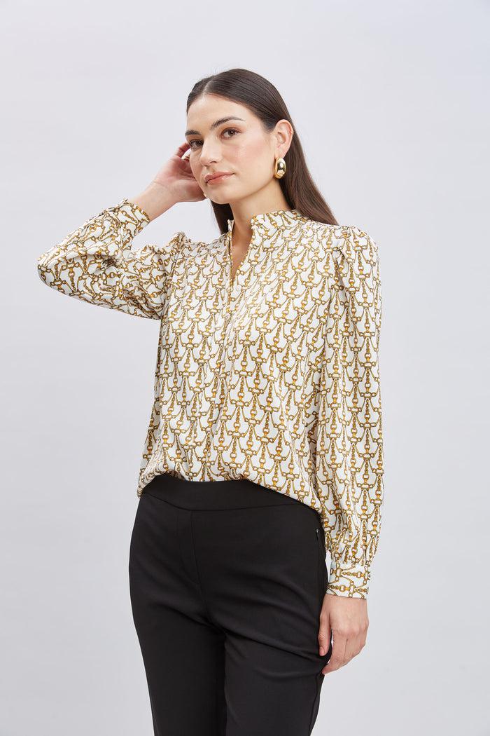 Elie Tahari T-Tahari Chain Print Button Down Shirt EQUESTRIAN CHAIN