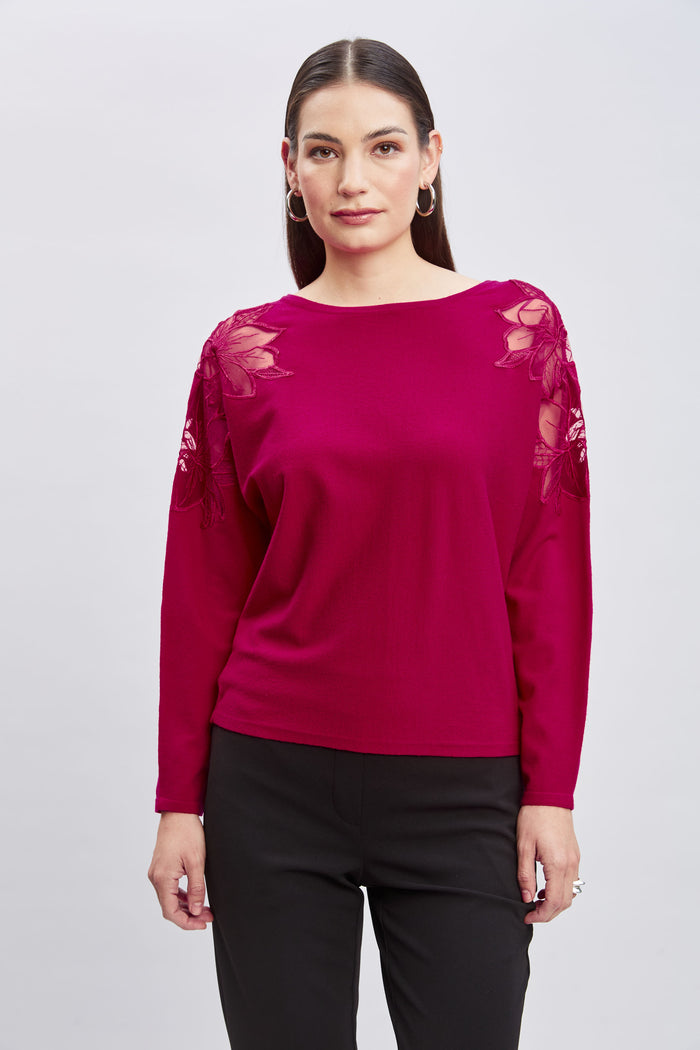 Elie Tahari T-Tahari Chiffon Floral Shoulder Sweater PINK HEART