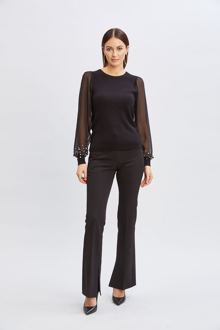 Elie Tahari T-Tahari Chiffon Pearl Sleeve Knit BLACK