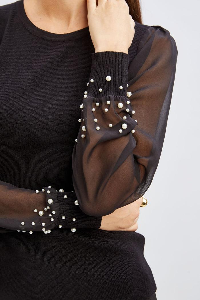 Elie Tahari T-Tahari Chiffon Pearl Sleeve Knit BLACK
