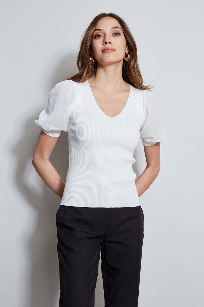 Elie Tahari T-Tahari Chiffon Sleeve Knit WHITE STAR