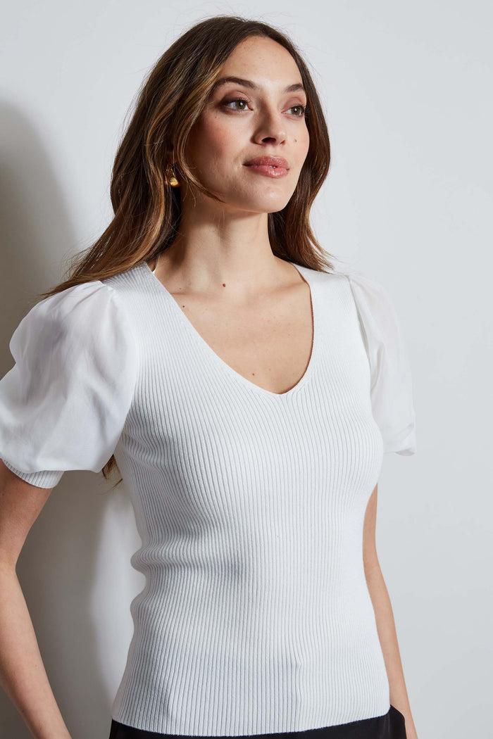 Elie Tahari T-Tahari Chiffon Sleeve Knit WHITE STAR