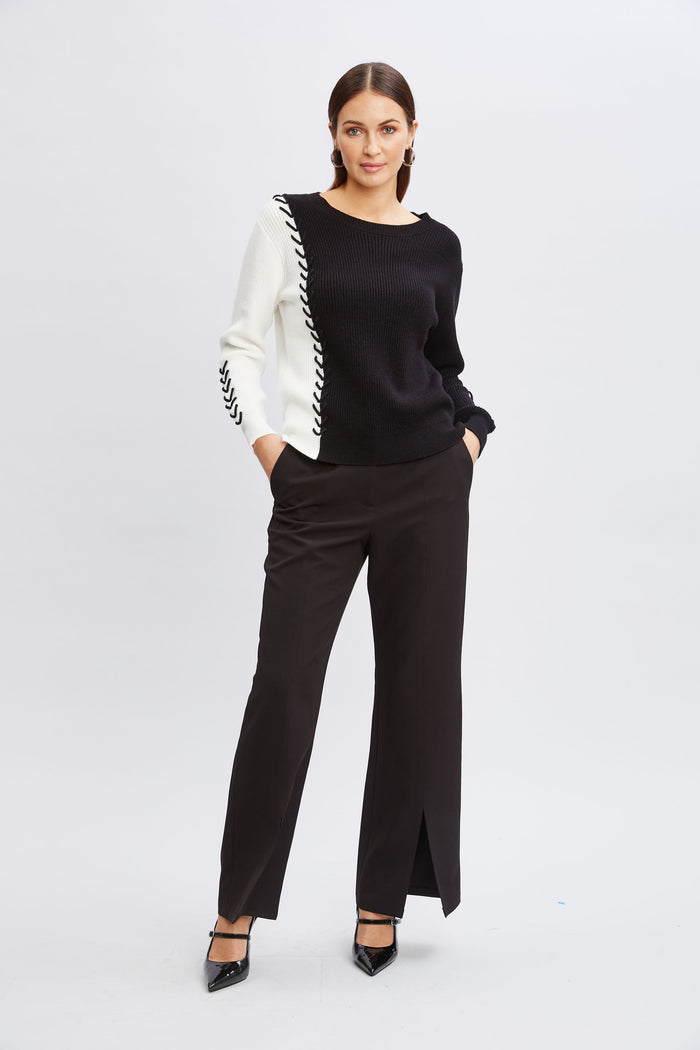 Elie Tahari T-Tahari Colorblock Stitch Sweater BLACK/WHITE STAR