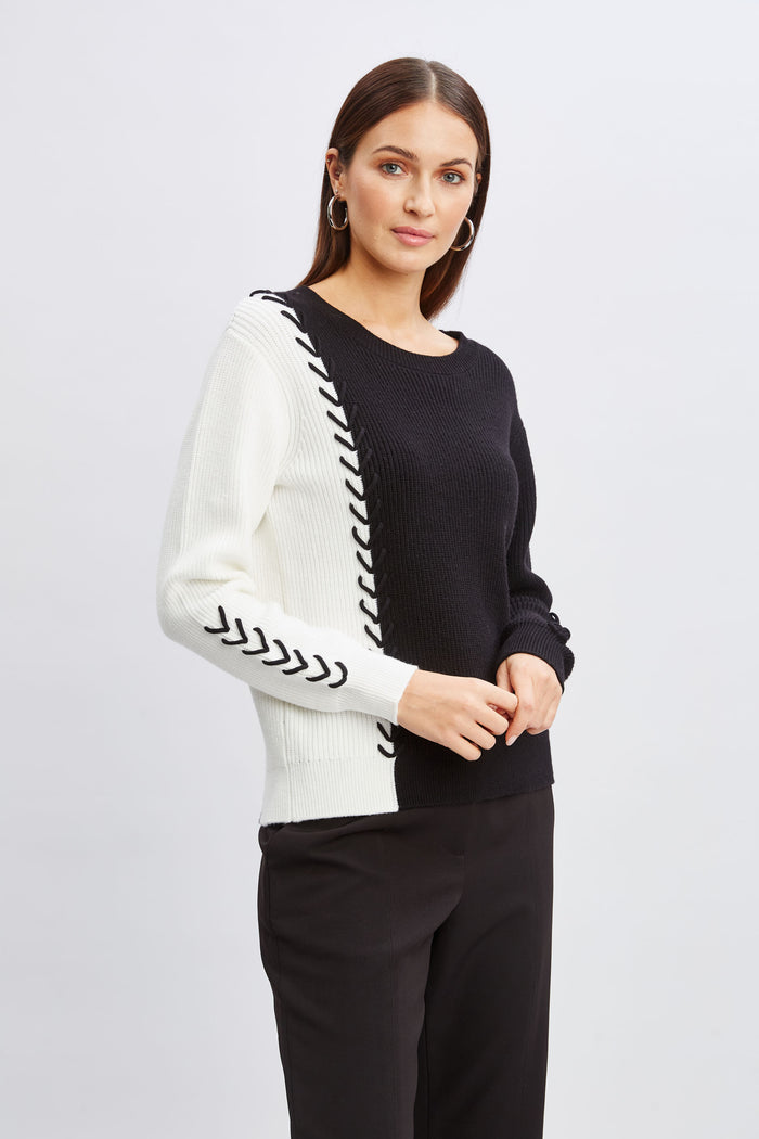 Elie Tahari T-Tahari Colorblock Stitch Sweater BLACK/WHITE STAR