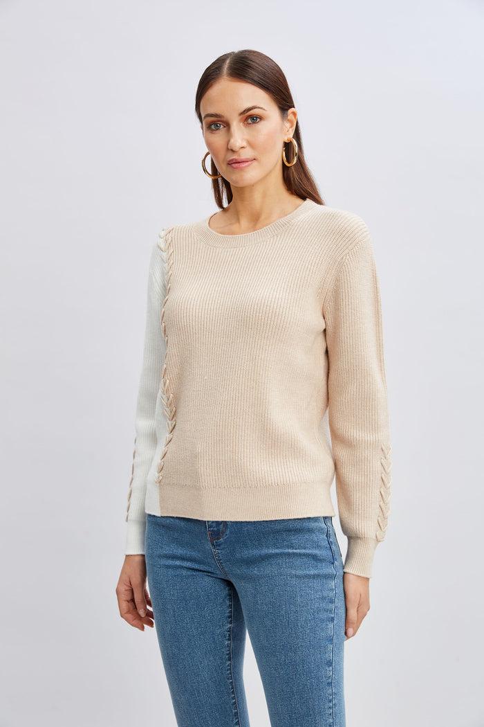 Elie Tahari T-Tahari Colorblock Stitch Sweater SOFT TAN/WHITE STAR
