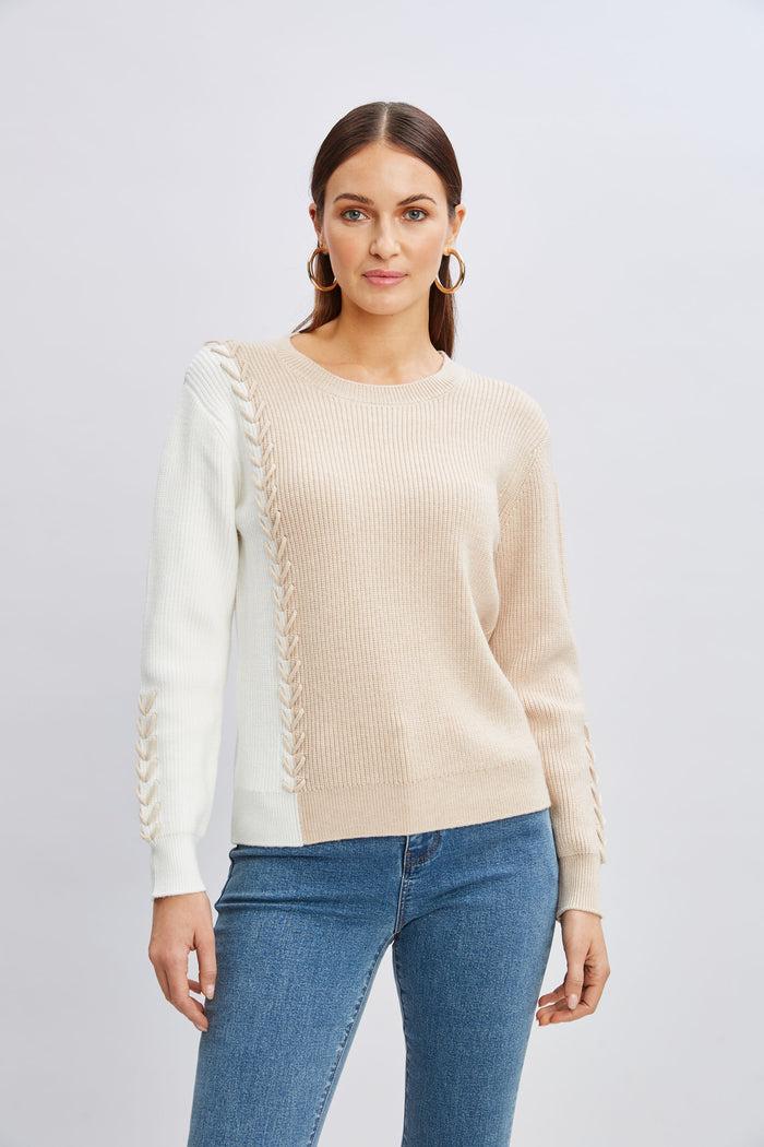Elie Tahari T-Tahari Colorblock Stitch Sweater SOFT TAN/WHITE STAR
