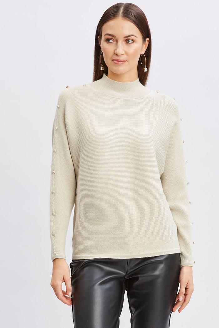 Elie Tahari T-Tahari Crystal Sleeve Lurex Sweater GOLD-SILVER LUREX