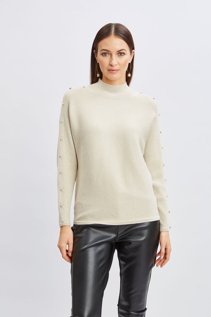 Elie Tahari T-Tahari Crystal Sleeve Lurex Sweater GOLD-SILVER LUREX