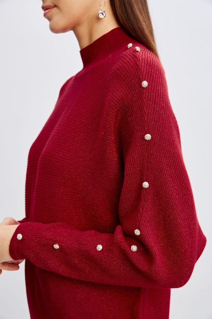 Elie Tahari T-Tahari Crystal Sleeve Metallic Sweater BAKED CHERRY LUREX