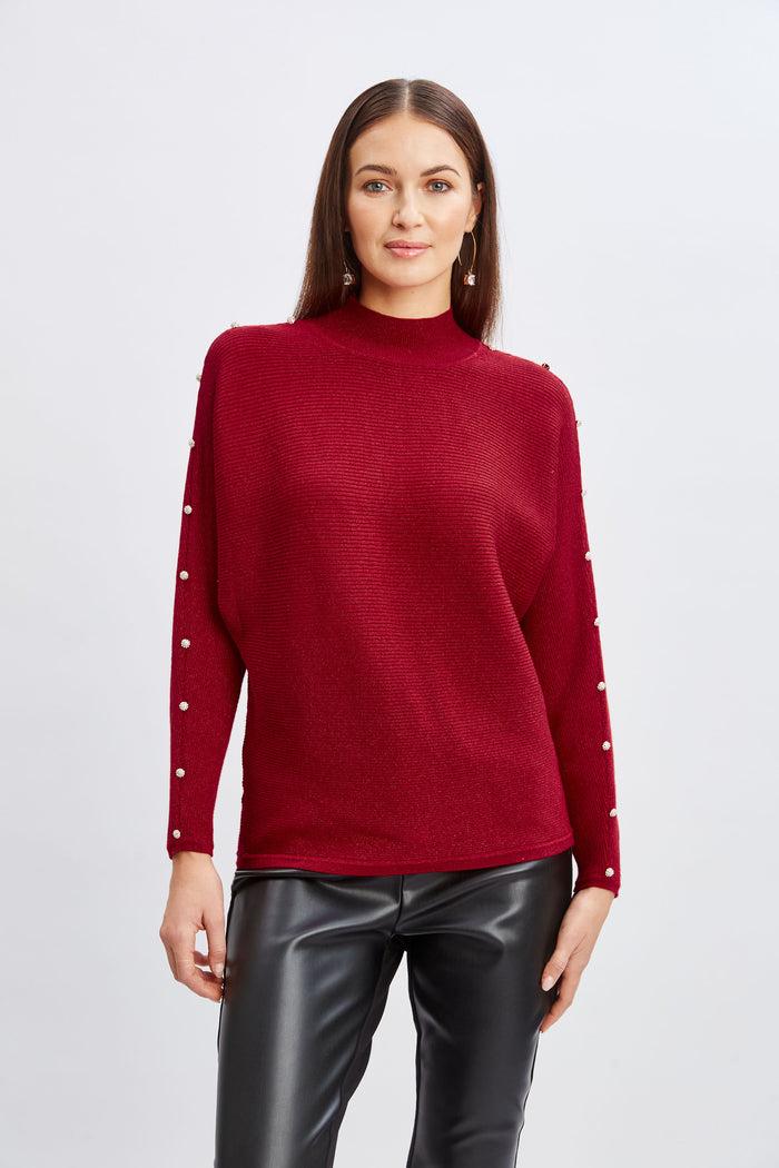 Elie Tahari T-Tahari Crystal Sleeve Metallic Sweater BAKED CHERRY LUREX