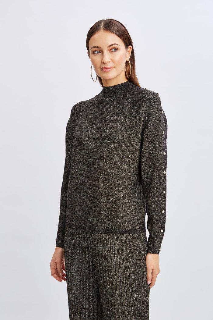 Elie Tahari T-Tahari Crystal Sleeve Metallic Sweater BLACK/GOLD LUREX