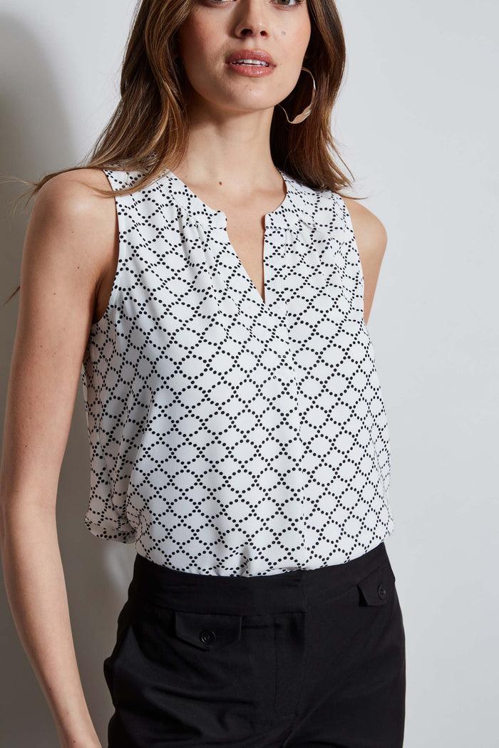 Elie Tahari T-Tahari Dot Mesh Sleeveless Shirt DOTTED MESH PRINT (WHITE)