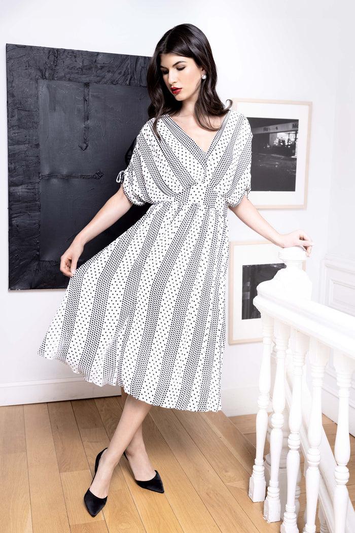 Elie Tahari T-Tahari Dropped Tie Shoulder Dot Dress DOTTED DREAM