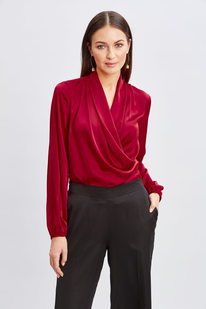 Elie Tahari T-Tahari Faux Wrap Satin Top BLACK CHERRY
