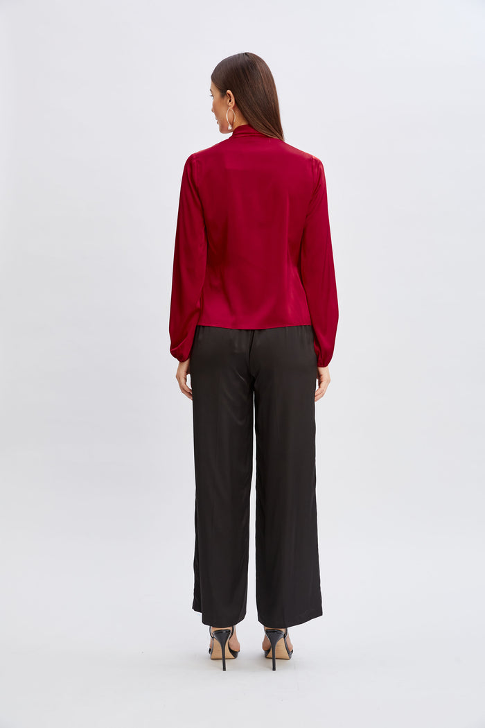 Elie Tahari T-Tahari Faux Wrap Satin Top BLACK CHERRY