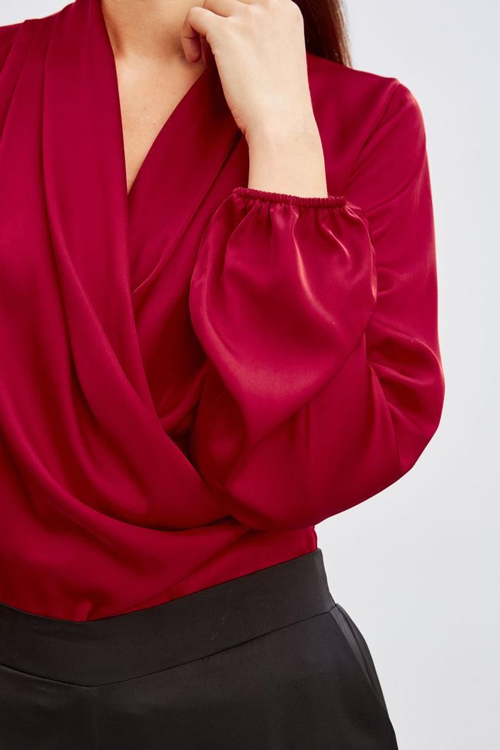 Elie Tahari T-Tahari Faux Wrap Satin Top BLACK CHERRY