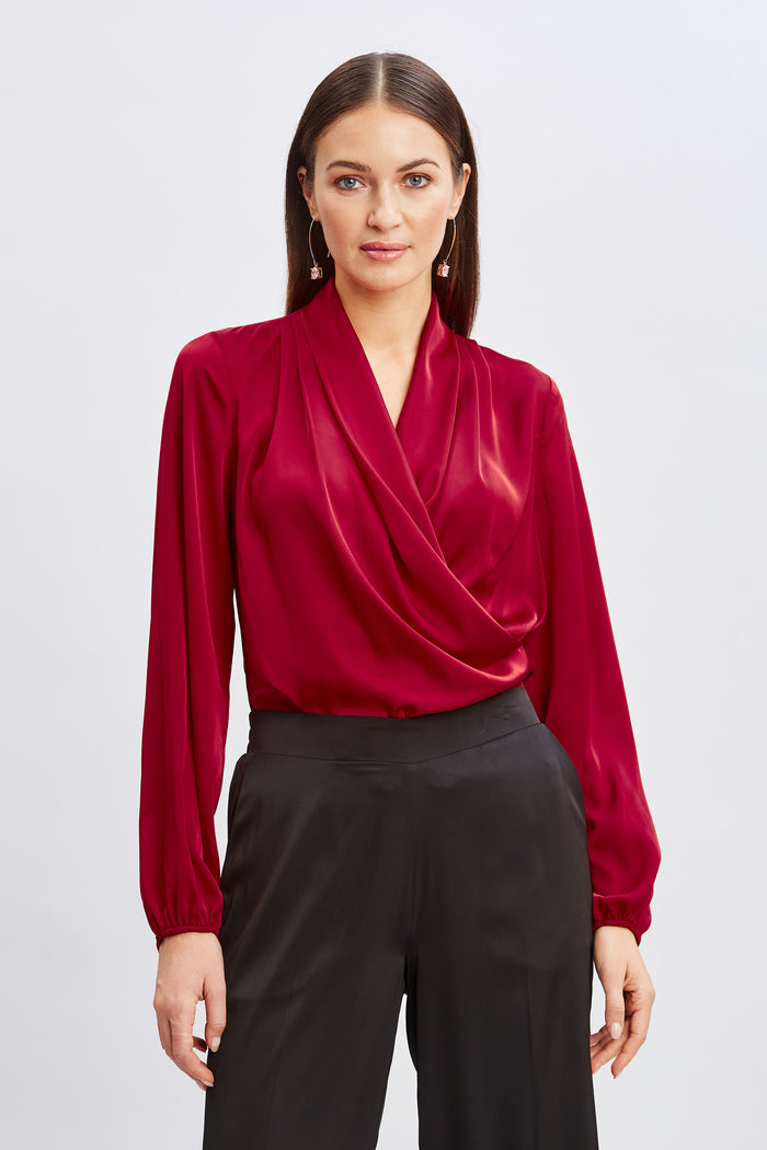 Elie Tahari T-Tahari Faux Wrap Satin Top BLACK CHERRY