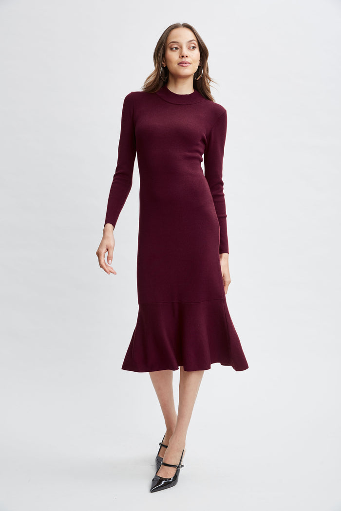Elie Tahari T-Tahari Flare Sweater Dress BORDEAUX RED