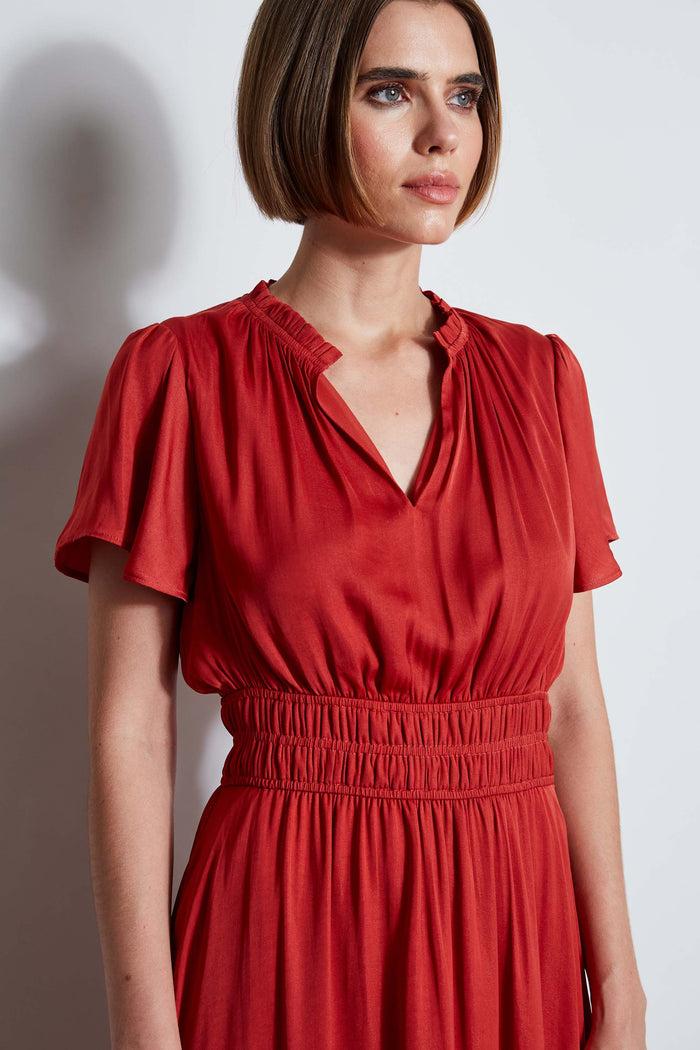 Elie Tahari T-Tahari Flutter Sleeve Midi Dress FIRE BRICK