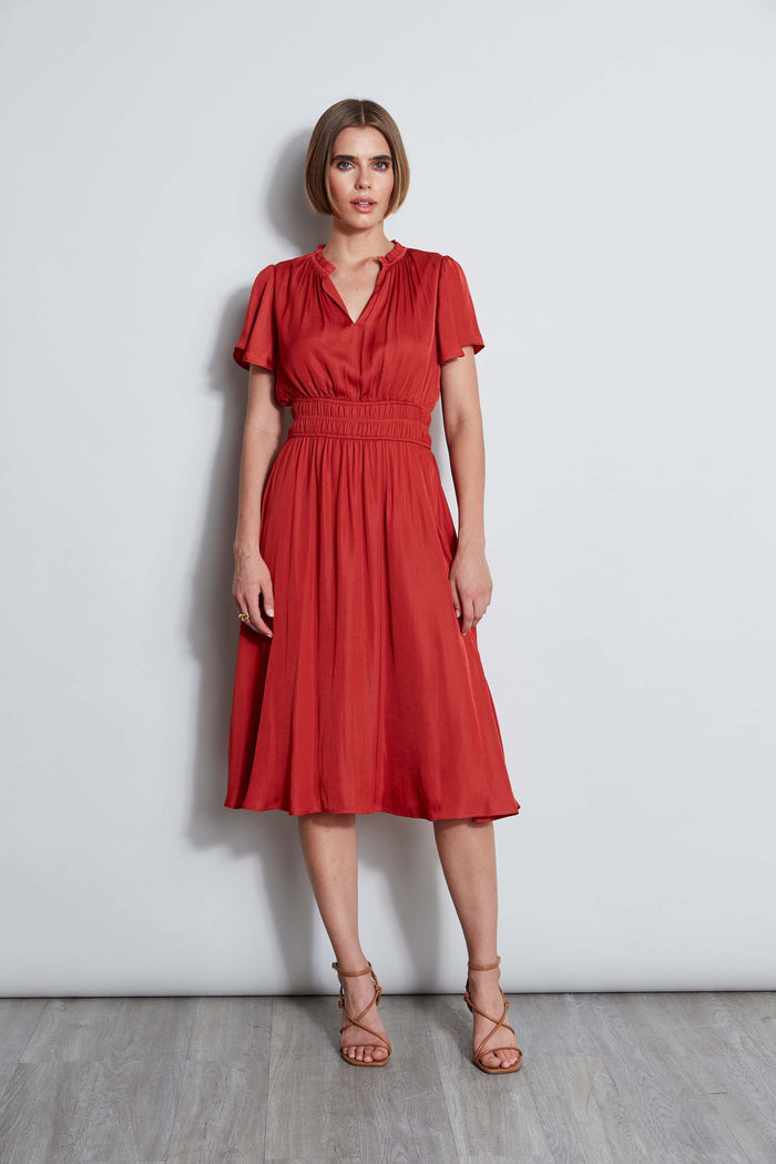 Elie Tahari T-Tahari Flutter Sleeve Midi Dress FIRE BRICK