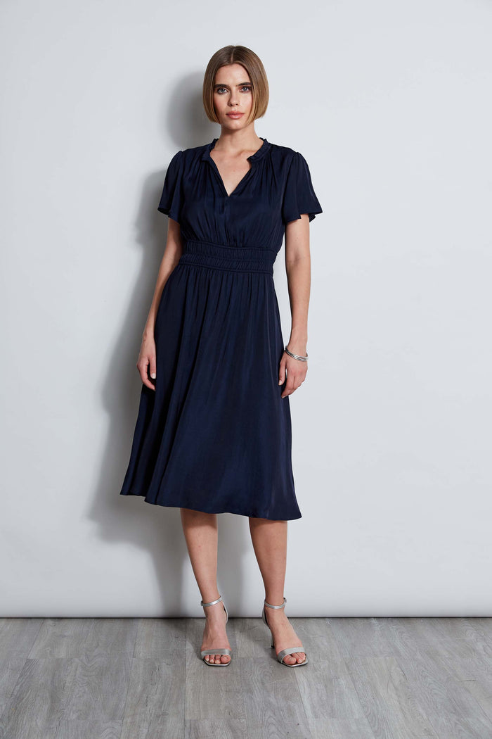 Elie Tahari T-Tahari Flutter Sleeve Midi Dress NAVY