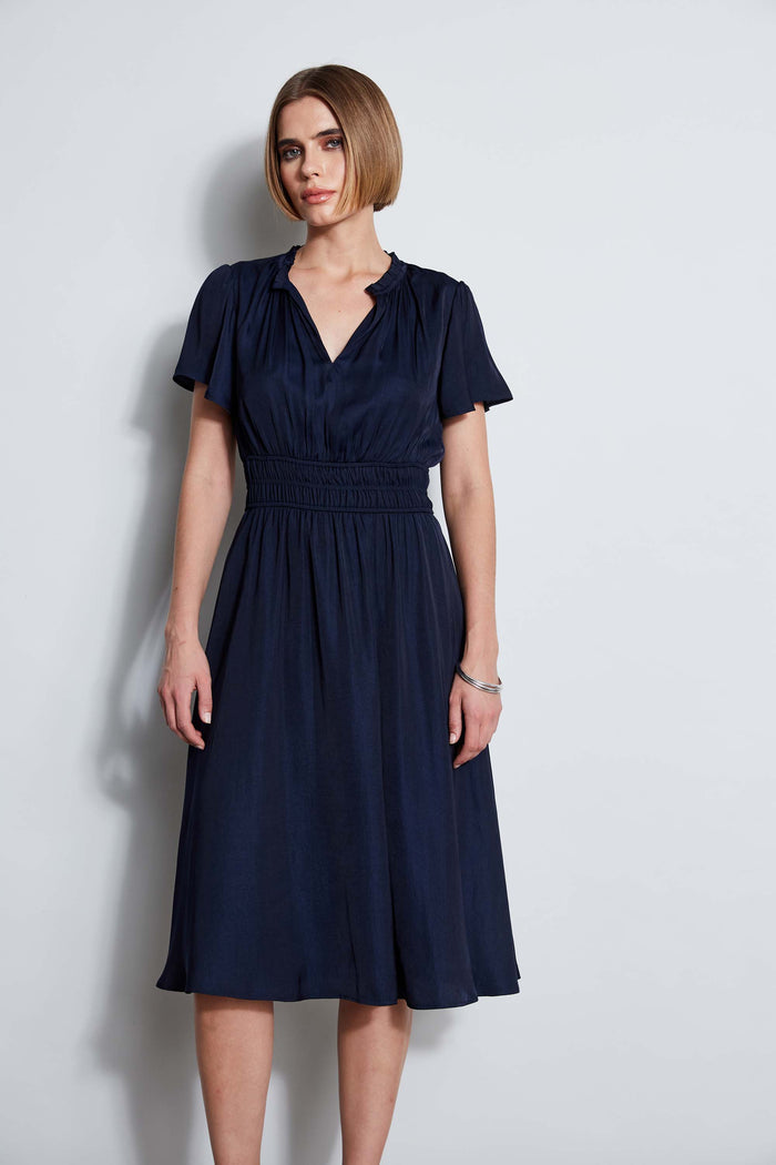 Elie Tahari T-Tahari Flutter Sleeve Midi Dress NAVY