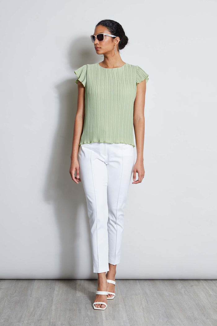 Elie Tahari T-Tahari Flutter Sleeve Plisse Shirt SOFT MOSS
