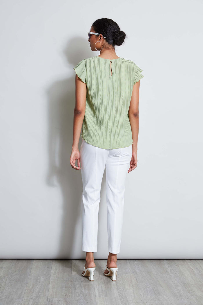 Elie Tahari T-Tahari Flutter Sleeve Plisse Shirt SOFT MOSS