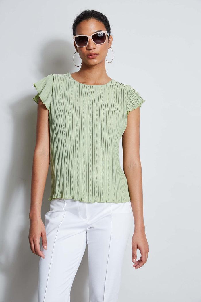 Elie Tahari T-Tahari Flutter Sleeve Plisse Shirt SOFT MOSS