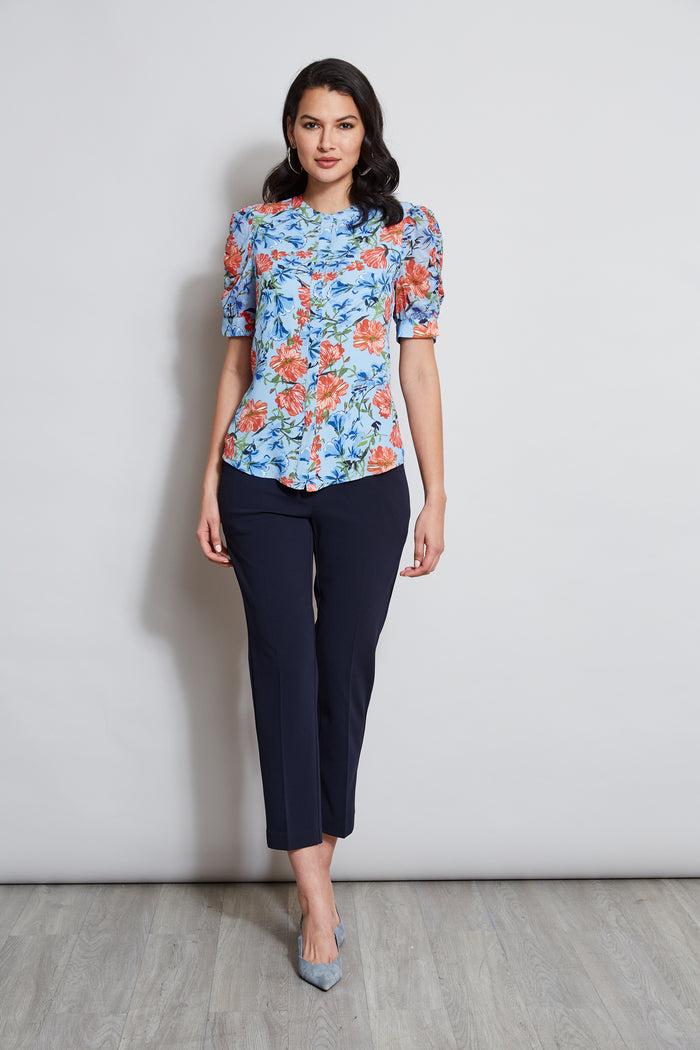 Elie Tahari T-Tahari Garden Floral Puff Sleeve Shirt WATER GARDEN