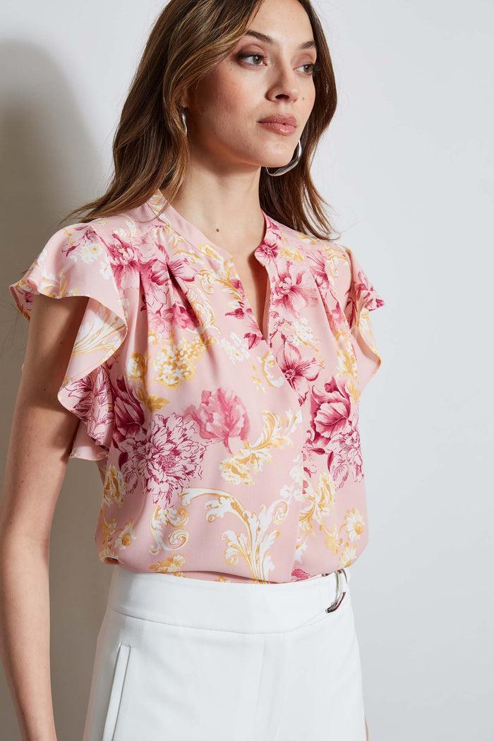 Elie Tahari T-Tahari Garden Flutter Sleeve Shirt VERSAILLES GARDEN (PINK)