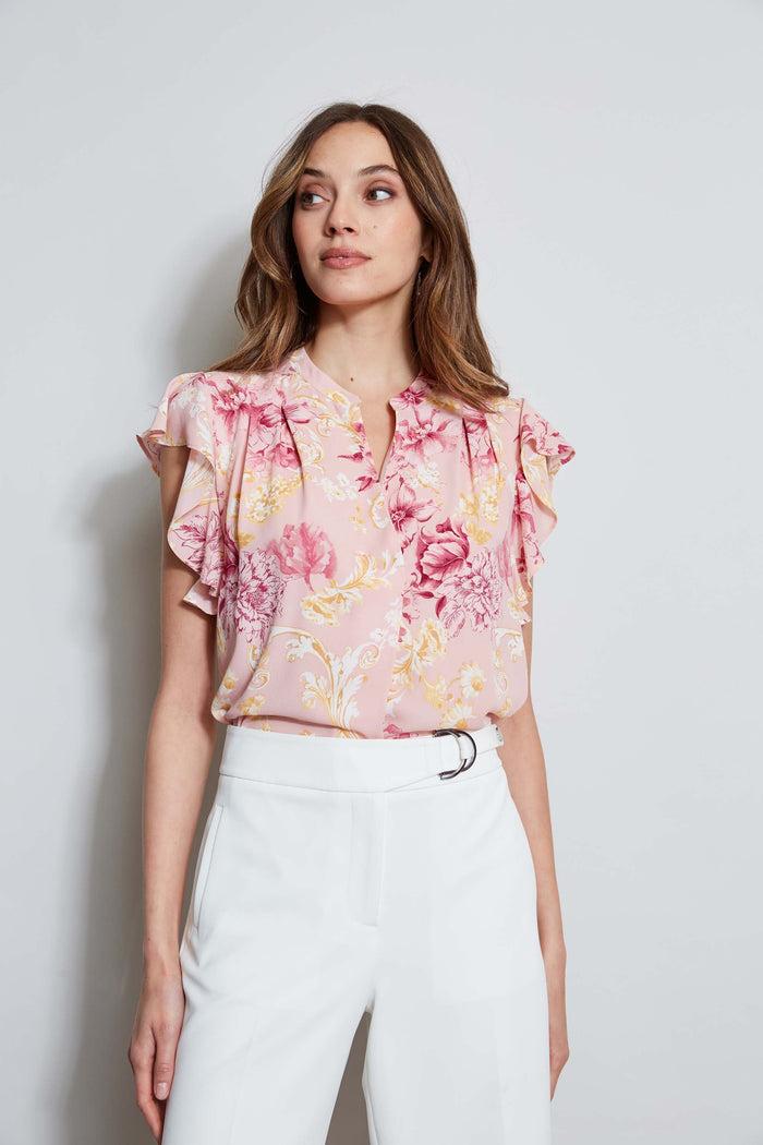 Elie Tahari T-Tahari Garden Flutter Sleeve Shirt VERSAILLES GARDEN (PINK)