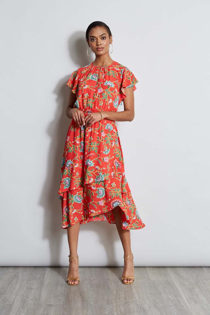 Elie Tahari T-Tahari Hibiscus Garden Print Midi Dress HIBISCUS GARDEN PRINT